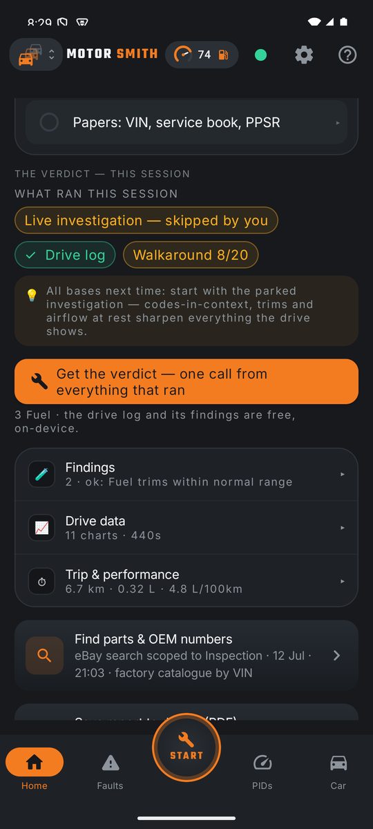 Motorsmith on Android: a live investigation session with the AI mechanic