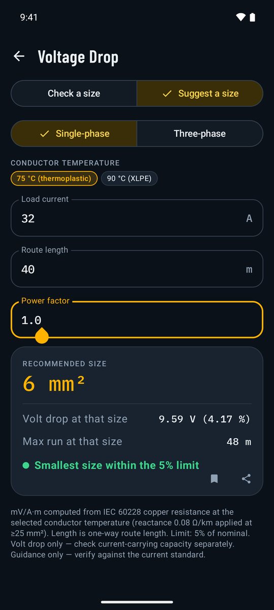 Pocket Electrician on Android: voltage drop calculator suggesting the smallest cable size that passes